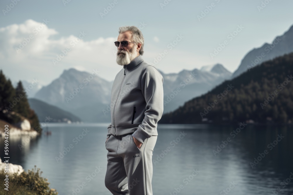 Portrait of a senior man with gray hair and beard wearing a gray suit and sunglasses standing on a lake shore.