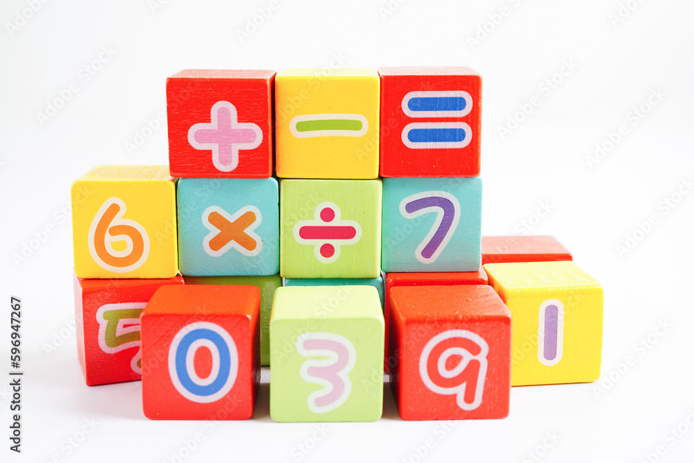 Number wood block cubes for learning Mathematic, education math concept.