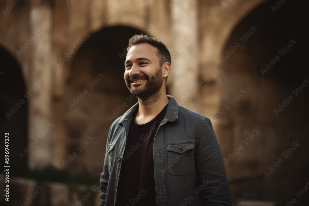 Portrait of a smiling young man in a denim jacket standing outdoors Portrait of a smiling young man in a denim jacket standing outdoors