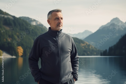 Handsome middle-aged man in sportswear standing on the shore of a mountain lake