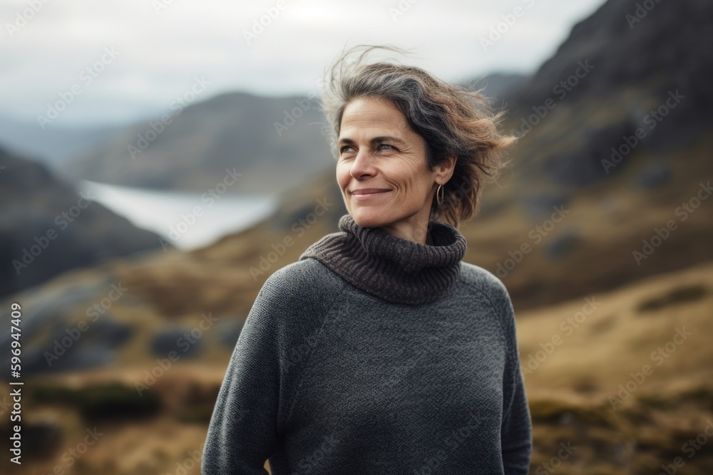Portrait of a beautiful middle-aged woman in the mountains. Portrait of a beautiful middle-aged woman in the mountains.