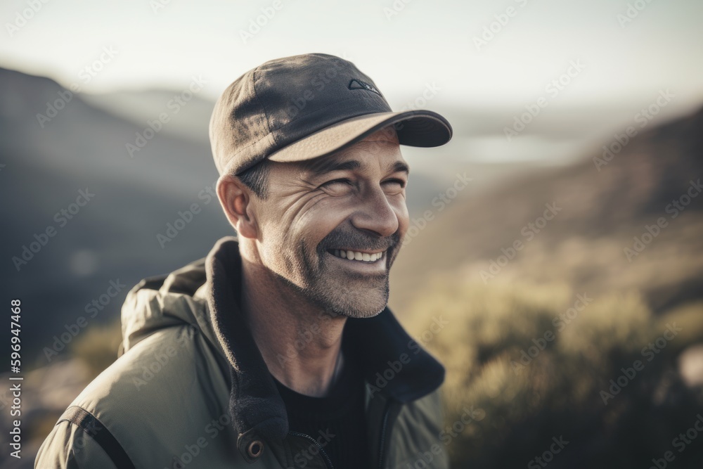 Lifestyle portrait photography of a grinning man in his 40s wearing a cool cap or hat against a bird's-eye view or aerial landscape background. Generative AI - obrazy, fototapety, plakaty 