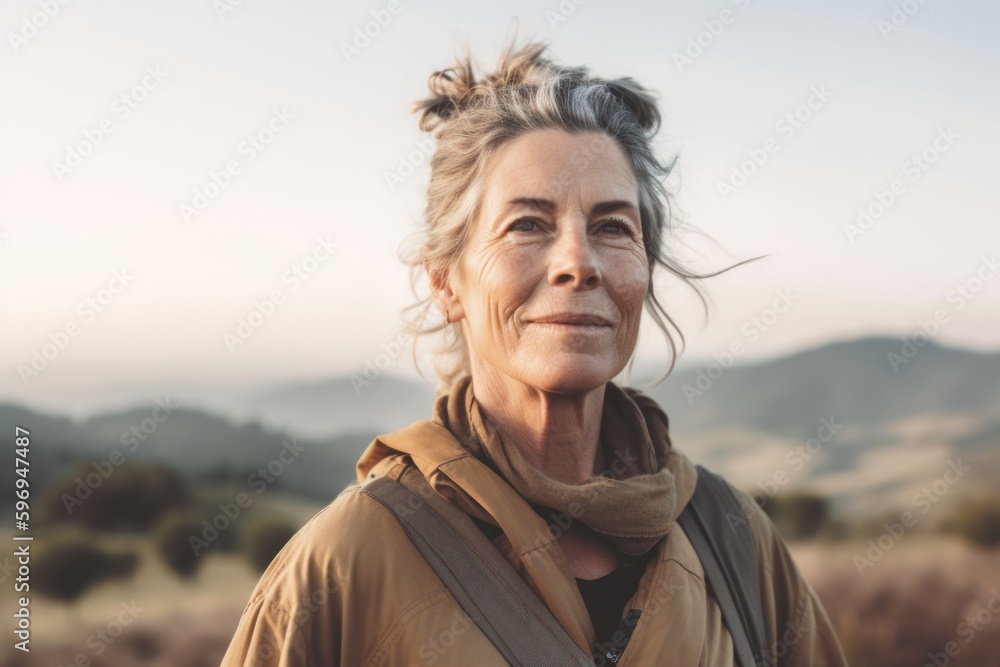 Portrait of smiling senior woman standing on hilltop and looking at camera Portrait of smiling senior woman standing on hilltop and looking at camera