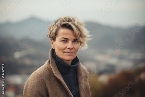 Portrait of a middle-aged woman with short hair in a coat on a background of mountains © Leon Waltz