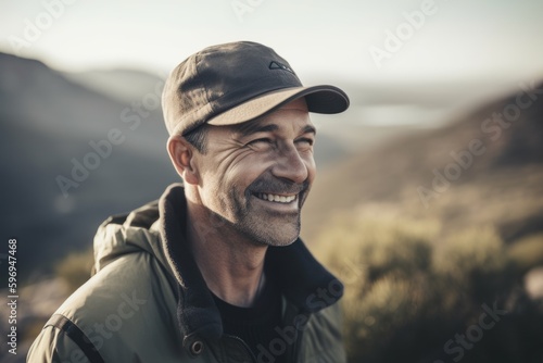 Lifestyle portrait photography of a grinning man in his 40s wearing a cool cap or hat against a bird's-eye view or aerial landscape background. Generative AI