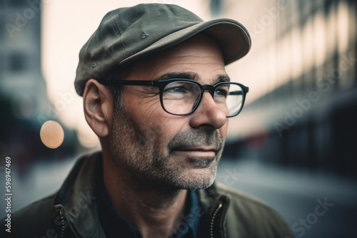 Portrait of a handsome mature man wearing cap and glasses in the city