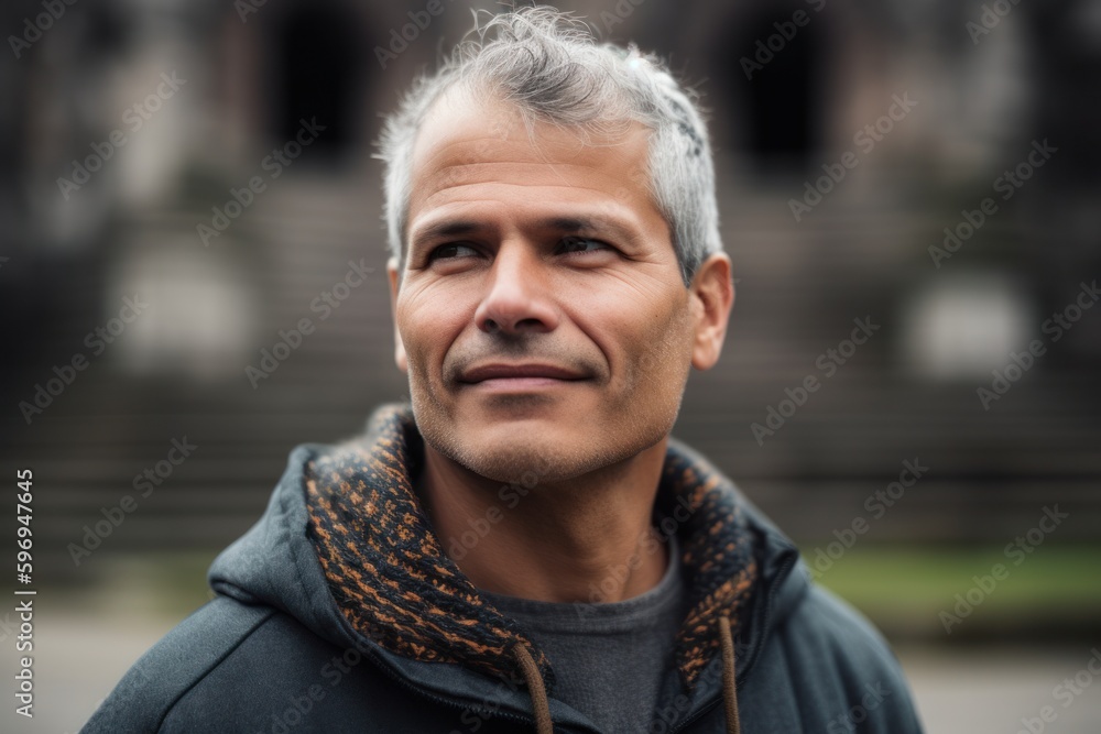 Portrait of a handsome middle-aged man with grey hair outdoors. Portrait of a handsome middle-aged man with grey hair outdoors.