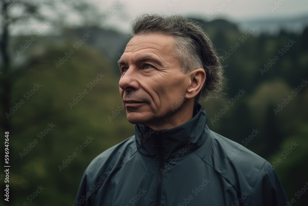 Portrait of a man in a raincoat in the forest. Portrait of a man in a raincoat in the forest.