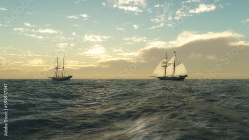 Obraz na plátně Schooners Sailing at Sea, 3d digitally rendered illustration