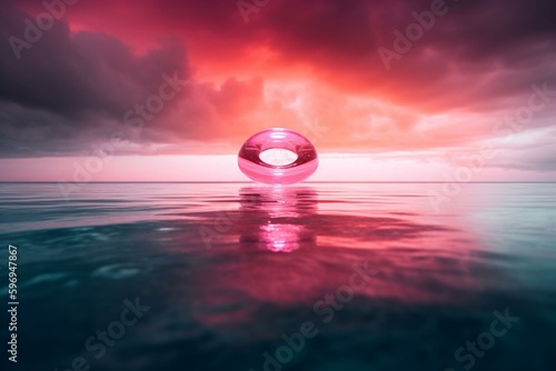 Futuristic seascape with bright pink cloud levitating inside neon ring  reflected in water. Generative AI