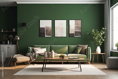 Contemporary green living room design with blank wall. Generative AI