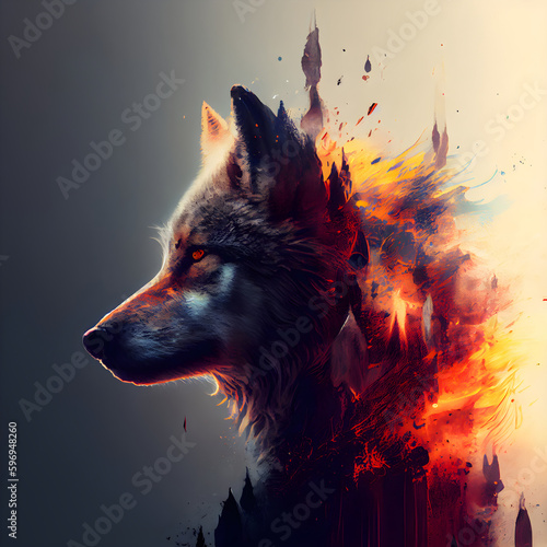 Digital painting of a wolf in fire and flames on a white background