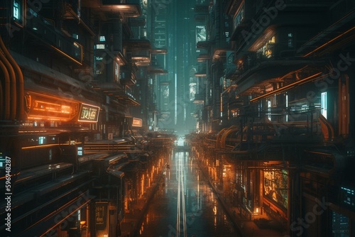 A futuristic city at night, illuminated by orange and green neon lights in a cyberpunk style. Generative AI