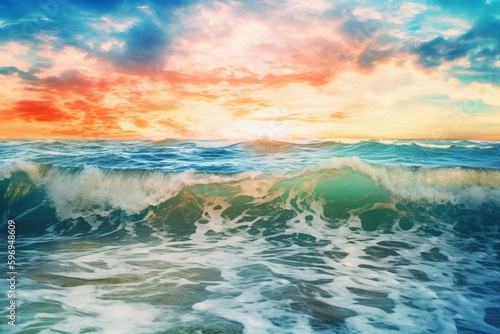 Vibrant oil seascape with horizon in multicolor  washed in watercolor. Generative AI