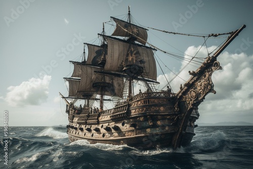 A ship with skull and crossbones sails on the ocean. Generative AI