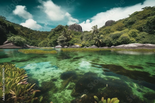 Tropical lake on La Digue island in Seychelles. Generative AI