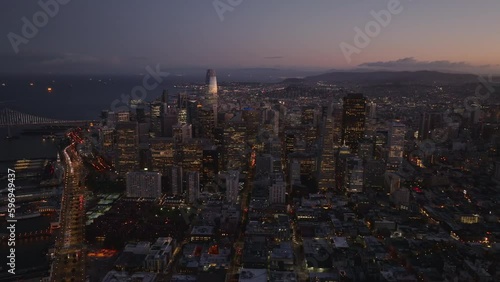 Wallpaper Mural Aerial panoramic footage of high rise business buildings at twilight. Illuminated skyscrapers. Torontodigital.ca