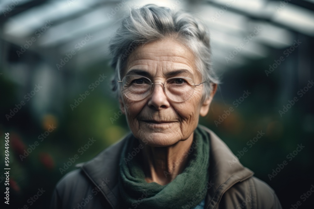Portrait of an elderly woman in a greenhouse. Selective focus.