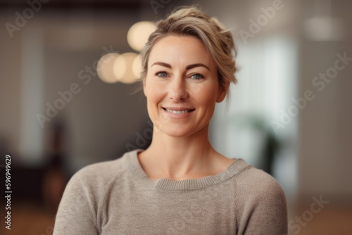 Portrait of a beautiful middle aged woman with short hair smiling at the camera