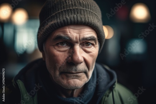 Portrait of an old man in a hat and green jacket.