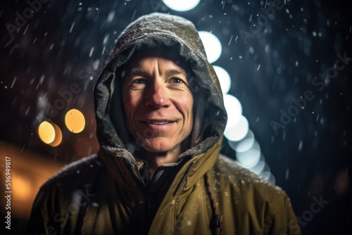 Portrait of an elderly woman in the rain on a winter night