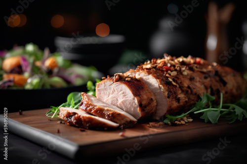 Homemade Roast Pork Tenderloin with roasted potatoes, fine herbs and almonds on cutting board. AI generated