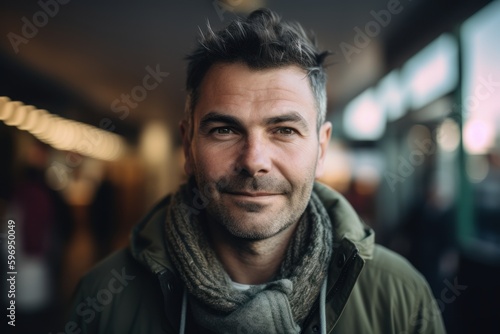 Portrait of a handsome man in a green jacket and scarf.