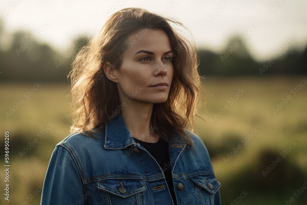 Portrait of a beautiful girl with long hair in a denim jacket on a wheat field Portrait of a beautiful girl with long hair in a denim jacket on a wheat field