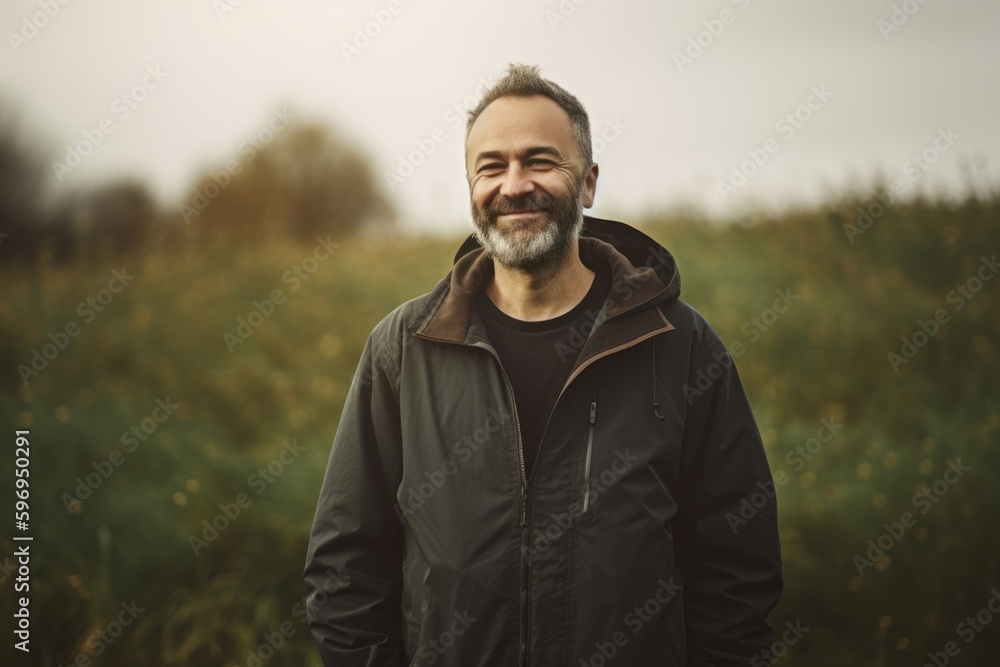 Portrait of a bearded man in a black jacket in the field.