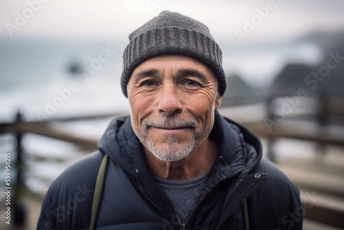 Portrait of smiling senior man standing at seaside during winter season