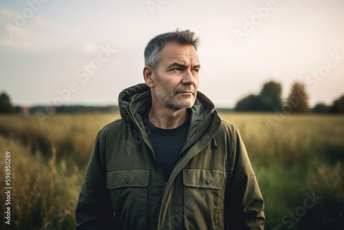Mature man standing in wheat field, looking at camera. Selective focus.