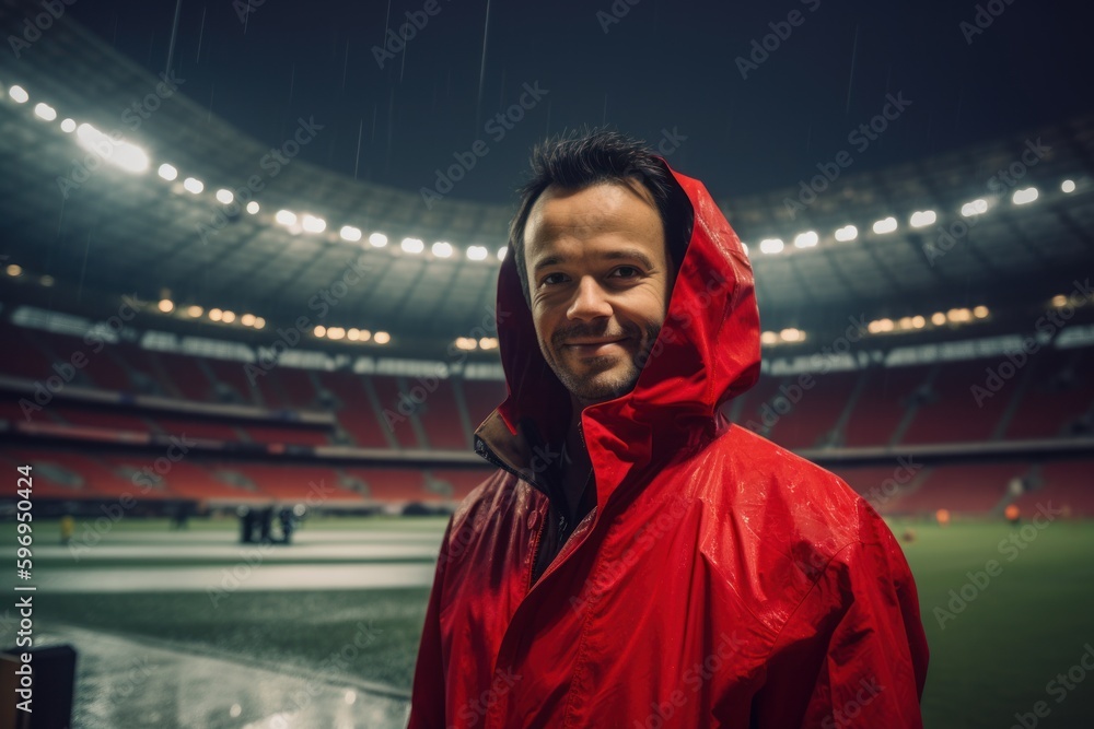 Portrait of a man in a raincoat at the stadium. Portrait of a man in a raincoat at the stadium.