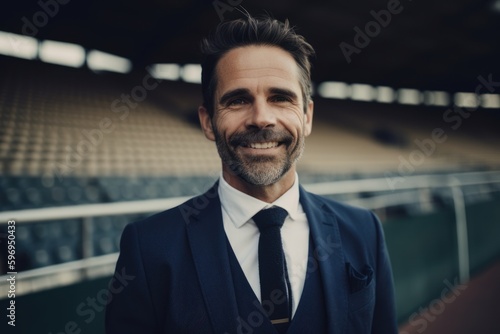 Portrait of a smiling businessman in a suit standing in a stadium