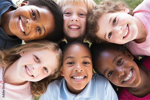 Group of Multiethnic children in a circle looking at the camera, 