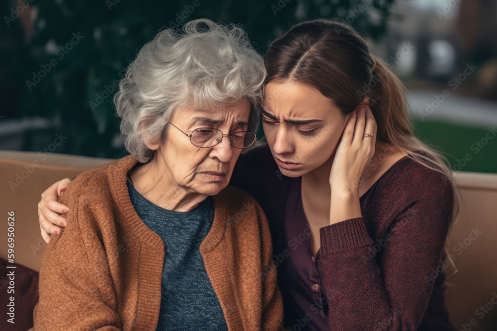 Fototapeta premium Young woman consoling upset grandmother. Generative AI