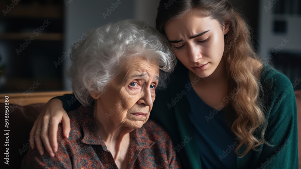 Young woman consoling upset grandmother. Generative AI Young woman consoling upset grandmother. Generative AI