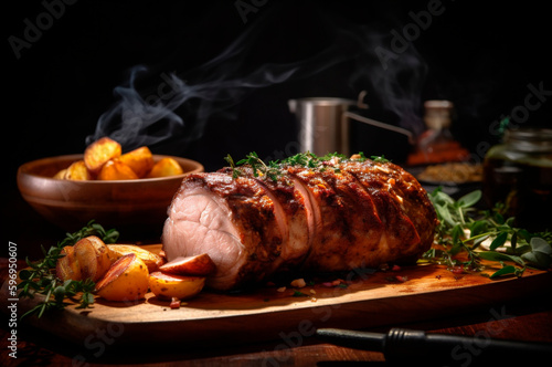 Homemade Roast Pork Tenderloin with roasted potatoes, fine herbs and almonds on cutting board. AI generated