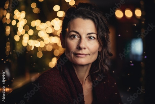 Portrait of mature woman with Christmas lights in background at home.