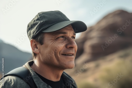 Portrait of a man in a cap on the background of mountains © Leon Waltz