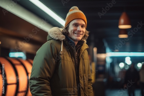 Smiling young man in winter jacket and hat standing in subway station