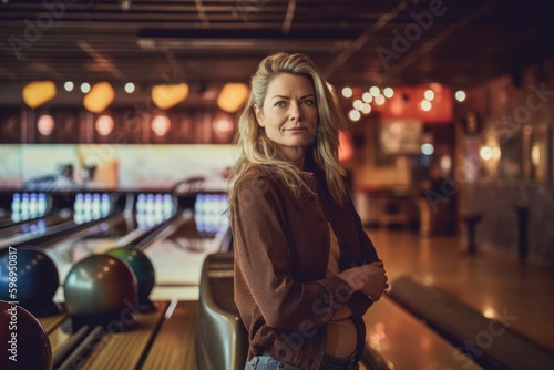 Full-length portrait photography of a pleased woman in her 40s wearing a cozy sweater against a bowling alley or retro sports background. Generative AI
