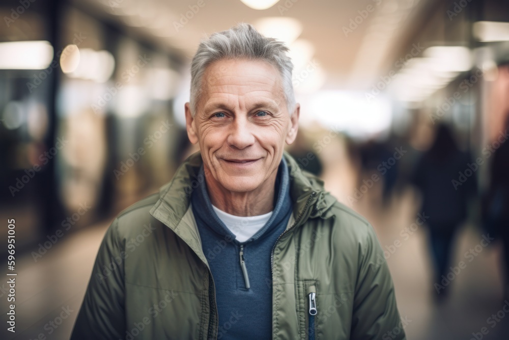 Portrait of smiling senior man in corridor of shopping mall at daytime