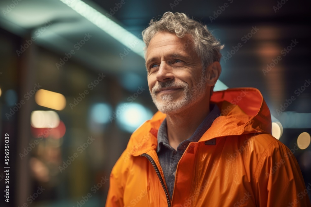 Portrait of a senior man in an orange raincoat at night Portrait of a senior man in an orange raincoat at night