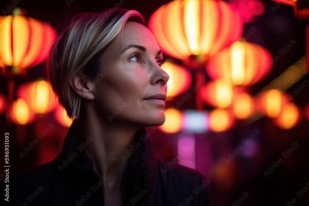 Portrait of a beautiful woman in a red Chinese lanterns.