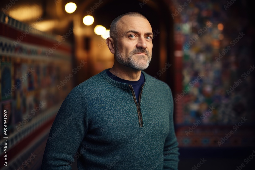 Fototapeta premium Portrait of a handsome middle-aged man in an old temple