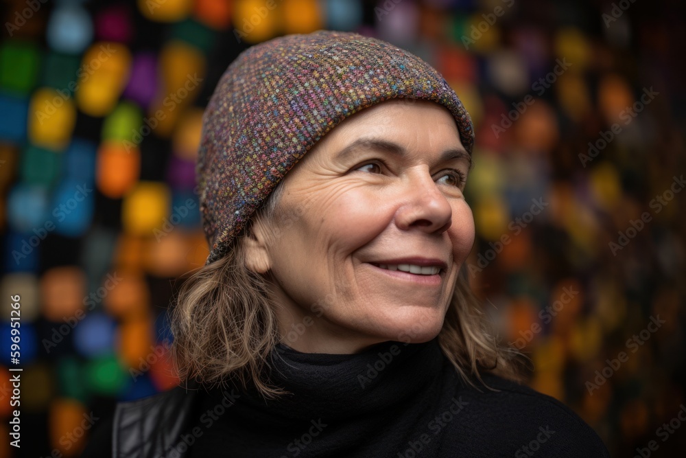 Portrait of smiling senior woman with hat against colorful wall in background Portrait of smiling senior woman with hat against colorful wall in background