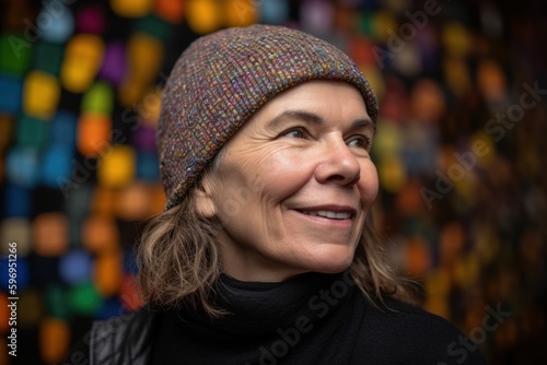 Portrait of smiling senior woman with hat against colorful wall in background © Leon Waltz