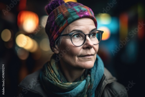 Portrait of a senior woman wearing glasses and a scarf at night