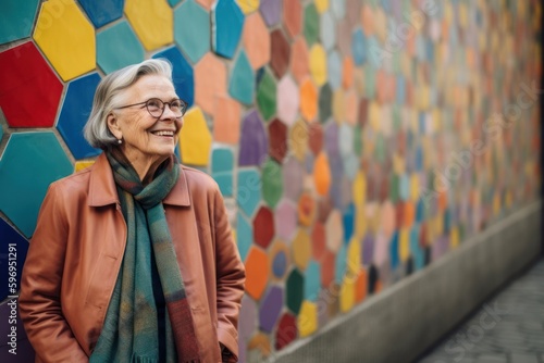 Portrait of smiling senior woman standing against colorful wall in the street