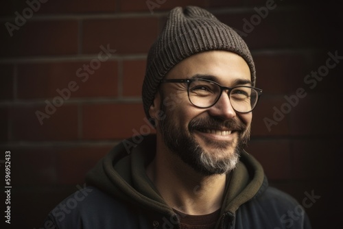 Conceptual portrait photography of a grinning man in his 30s wearing a warm beanie or knit hat against a brick wall background. Generative AI